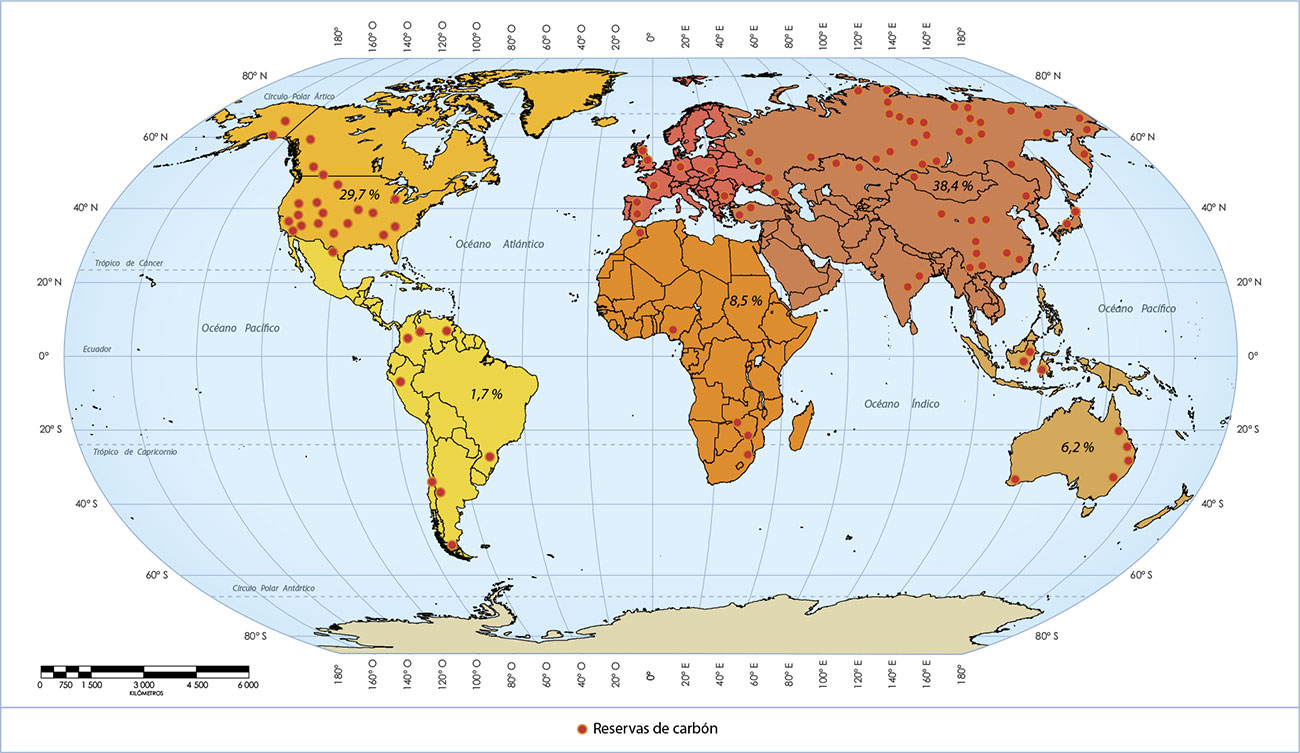 Distribución mundial de las reservas de carbón.